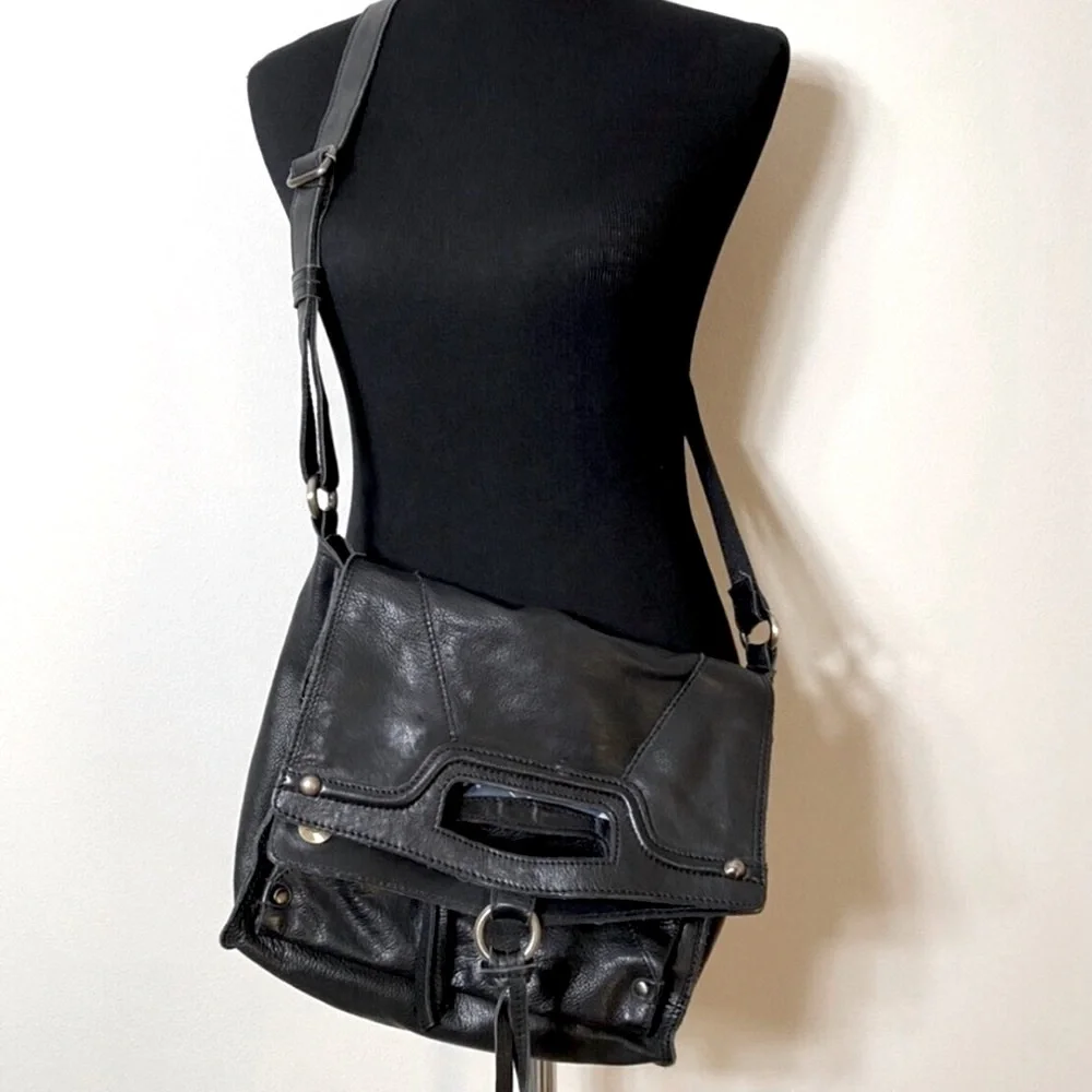 Lucky Brand Abbey fold over black leather studded messenger bag.Very Clean.
